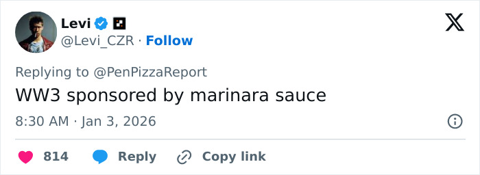 Screenshot of a tweet joking about a Pentagon pizza spike during a Venezuela attack, hinting at bizarre theories.