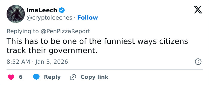 Tweet from user ImaLeech commenting on citizens using Pentagon pizza spike to track government during Venezuela attack.