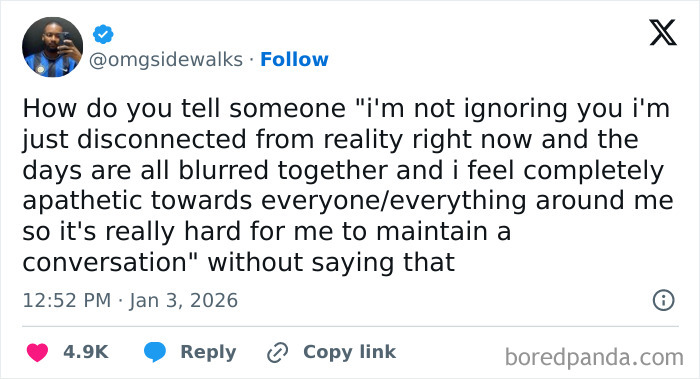 Tweet showing a humorous and relatable therapy meme about feeling disconnected and apathetic in conversations.