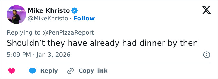 Twitter user Mike Khristo replying to a post about Pentagon pizza spike during Venezuela attack theory.