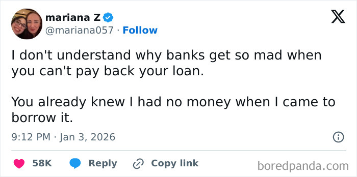Screenshot of a funny social media post humorously commenting on banks and loan repayment struggles.