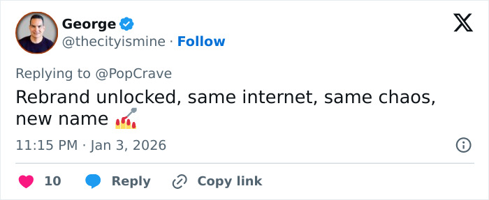 Tweet about JoJo Siwa's name change and dramatic transformation with comments on rebrand and internet chaos.