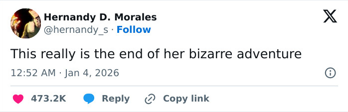 Screenshot of a tweet about the end of her bizarre adventure related to JoJo Siwa's dramatic transformation and name change.