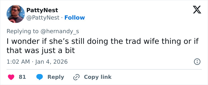 Tweet from user PattyNest questioning if someone is still embracing the trad wife lifestyle amid JoJo Siwa name change news.