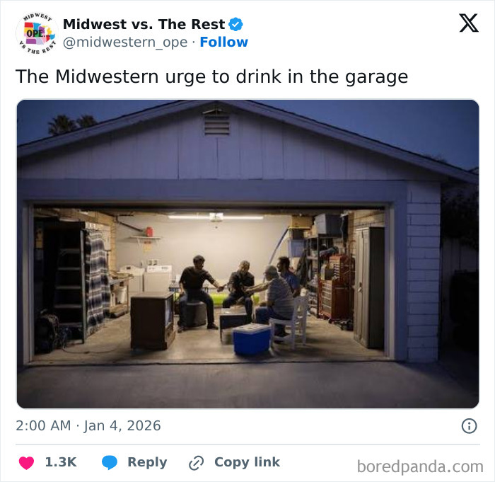 Group of people drinking in a well-lit garage at night, capturing Midwest life and its unique social traditions.