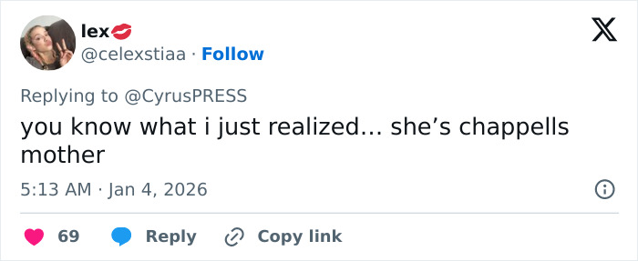 Tweet from user lex discussing a realization about a celebrity&rsquo;s family relation, engaging with CyrusPRESS.