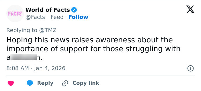Tweet text about support awareness from World of Facts, mentioning Tommy Lee Jones&rsquo; daughter Victoria&rsquo;s pending plea deal.