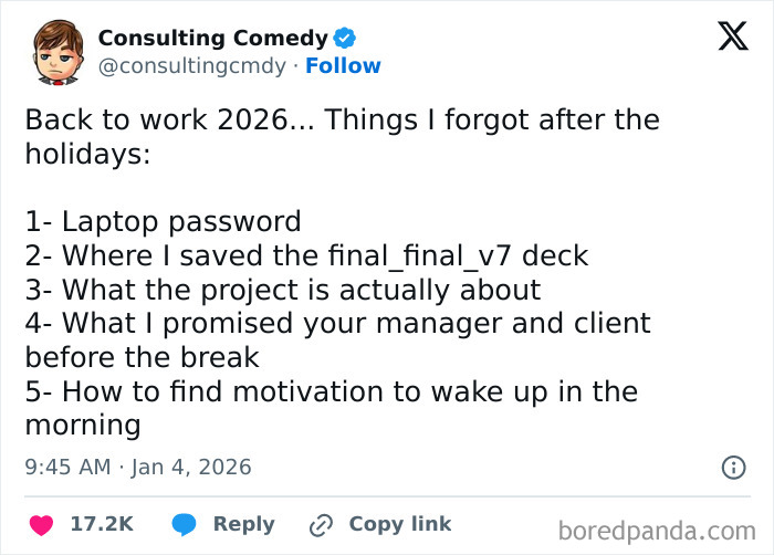 Tweet about forgetting work tasks after holidays in a humorous work memes style, highlighting common office struggles.