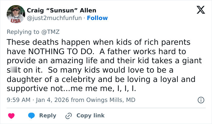Twitter post by Craig Allen discussing challenges faced by children of rich parents, related to Tommy Lee Jones&rsquo; daughter Victoria.