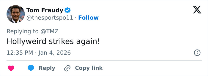 Tom Fraudys&rsquo; tweet reacting to news about Tommy Lee Jones&rsquo; daughter Victoria&rsquo;s pending plea deal before her passing.