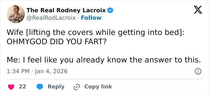 Tweet showing humorous conversation between husband and wife about farting, capturing relatable dad and husband moments.