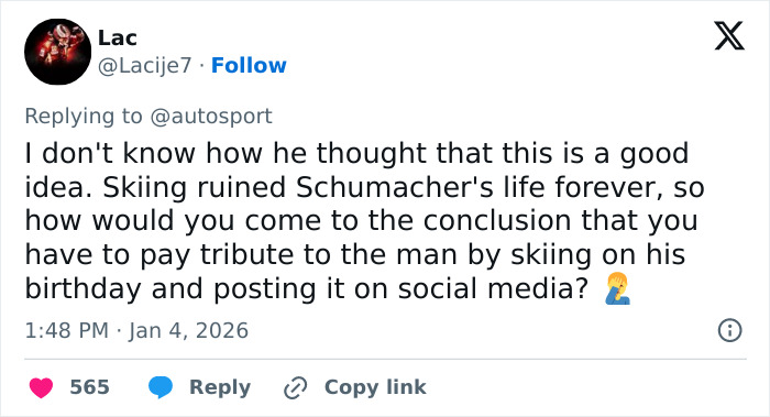 Tweet criticizing F1 star Pierre Gasly for a tasteless Michael Schumacher tribute involving skiing posted on social media.