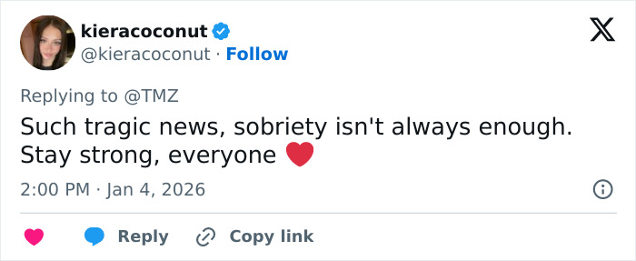 Tweet expressing condolences on Victoria, Tommy Lee Jones&rsquo; daughter, mentioning sobriety and strength in response to TMZ.