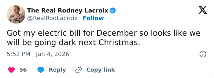 Tweet about high electric bill humor, relatable to dads and husbands facing unexpected holiday expenses.