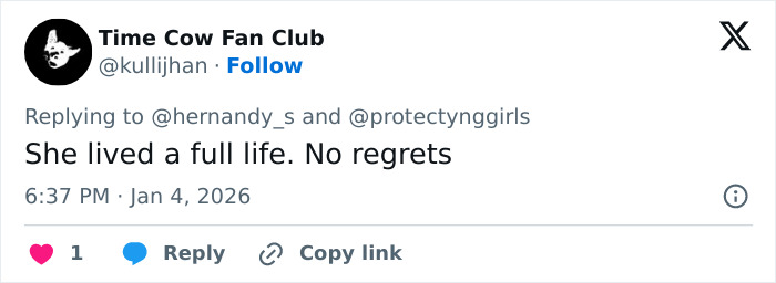 Twitter reply from Time Cow Fan Club commenting on JoJo Siwa's name change and transformation with no regrets.