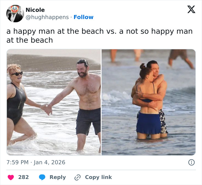 Hugh Jackman and Sutton Foster showing PDA at the beach with fans spotting 6 fingers in the photos. Hugh Jackman and Sutton Foster showing PDA at the beach with fans spotting 6 fingers in the photos.