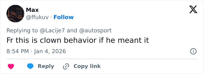 Screenshot of a social media reply criticizing F1 star Pierre Gasly for a tasteless Michael Schumacher tribute.