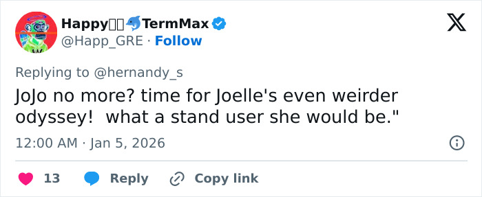 Social media post discussing JoJo Siwa's dramatic transformation and name change following bizarre adventure.