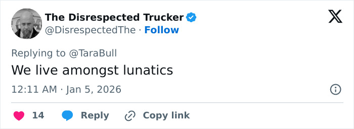 Screenshot of tweet reading We live amongst lunatics by The Disrespected Trucker, referencing Male Karen at Mamma Mia