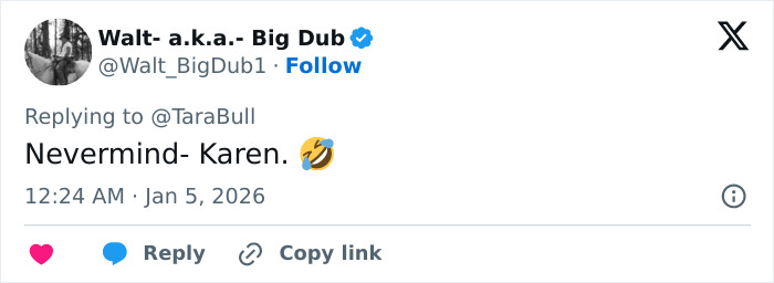 Male Karen referenced in a tweet replying Nevermind- Karen with laughing emoji