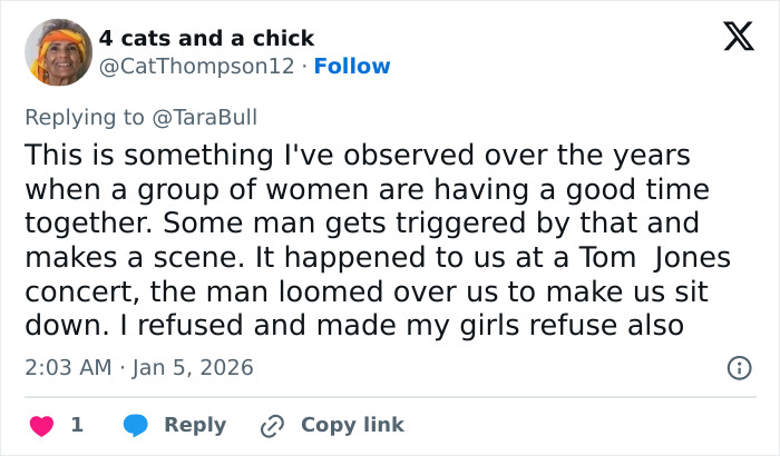 Tweet screenshot of a user describing a Male Karen making a scene at concerts and shows as women enjoy themselves.