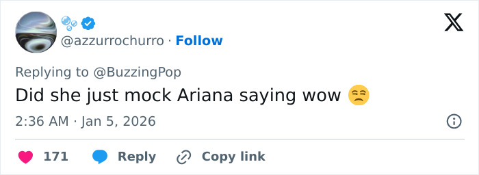 Tweet showing user questioning if Leighton Meester mocked Ariana Grande during a red carpet event. Tweet showing user questioning if Leighton Meester mocked Ariana Grande during a red carpet event.