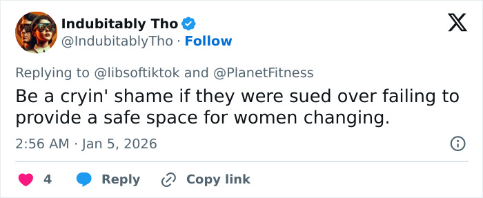 Tweet responding to Planet Fitness about failing to provide safe space for women changing amid transphobic locker room policies controversy. Tweet responding to Planet Fitness about failing to provide safe space for women changing amid transphobic locker room policies controversy.