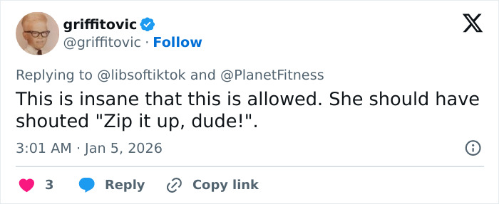 Twitter comment on Planet Fitness locker room policies sparking transphobic bathroom incident and gender controversy. Twitter comment on Planet Fitness locker room policies sparking transphobic bathroom incident and gender controversy.