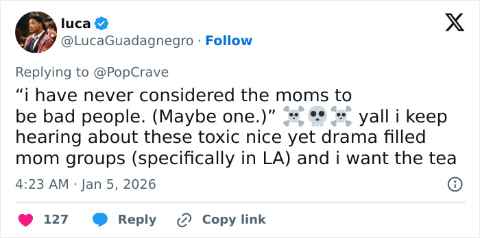 Twitter screenshot referencing Ashley Tisdale and toxic celebrity mom groups, tweet about drama-filled LA mom groups