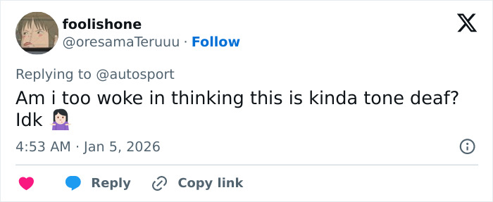 Tweet questioning the tone of Pierre Gasly&rsquo;s Michael Schumacher tribute amid F1 backlash and fan reactions.