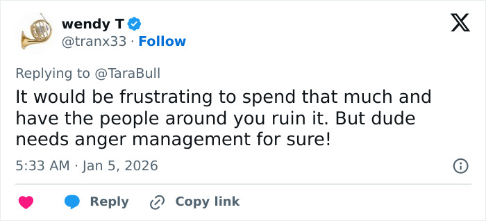 Tweet screenshot replying to a thread about Male Karen, saying the man needs anger management after a Broadway meltdown