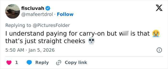 Tweet screenshot about sardine can seating; passenger calls seats 'straight cheeks' with crying emoji