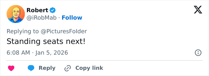 Tweet screenshot: Standing seats next! by Robert, Jan 5 2026, criticizing sardine can seating on planes