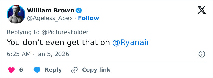 Screenshot of an X reply mocking Ryanair, showing cramped sardine can seating complaint in new planes