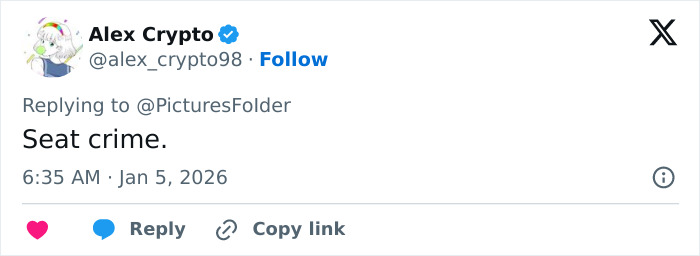 Screenshot of a social media reply reading Seat crime. highlighting sardine can seating in new planes