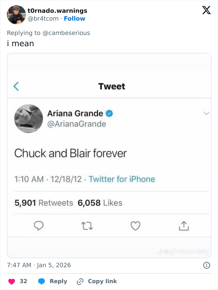 Screenshot of Ariana Grande tweet saying Chuck and Blair forever with engagement details after Leighton Meester's red carpet mock. Screenshot of Ariana Grande tweet saying Chuck and Blair forever with engagement details after Leighton Meester's red carpet mock.