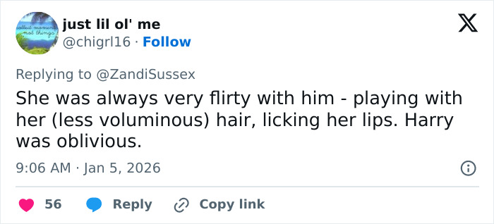 Screenshot of tweet about Kate Middleton and Prince Harry describing her flirty behavior, including text and engagement icons. Screenshot of tweet about Kate Middleton and Prince Harry describing her flirty behavior, including text and engagement icons.