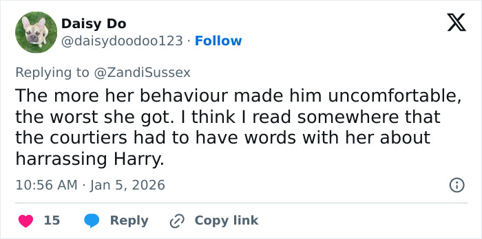 Tweet screenshot about Kate Middleton inappropriate look at Prince Harry; Daisy Do warns about behaviour and courtiers Tweet screenshot about Kate Middleton inappropriate look at Prince Harry; Daisy Do warns about behaviour and courtiers