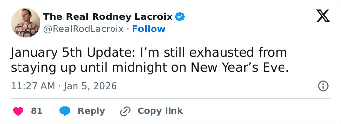 Screenshot of a social media post showing a humorous update about New Year's exhaustion, relatable to dads and husbands.