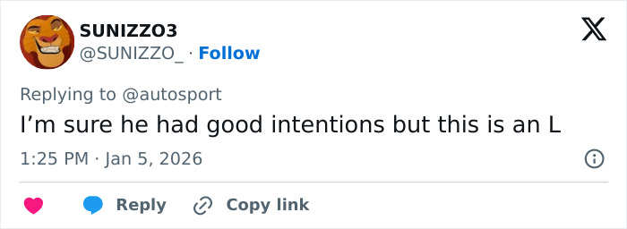 Tweet by user Sunizzo3 criticizing F1 star Pierre Gasly over a Michael Schumacher tribute amid backlash online.