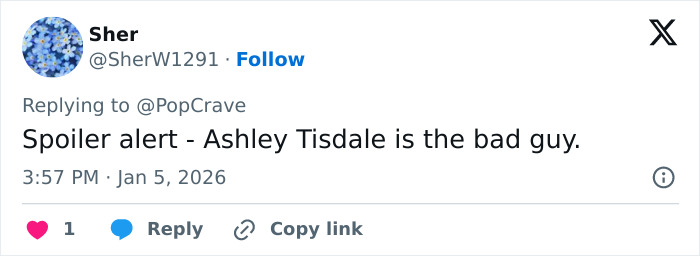 X reply screenshot by user Sher criticizing Ashley Tisdale, floral avatar, timestamp, like and copy link icons.