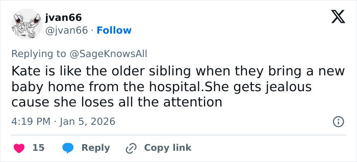 Screenshot of a tweet by jvan66 about Kate Middleton inappropriate look, comparing her to a jealous older sibling Screenshot of a tweet by jvan66 about Kate Middleton inappropriate look, comparing her to a jealous older sibling