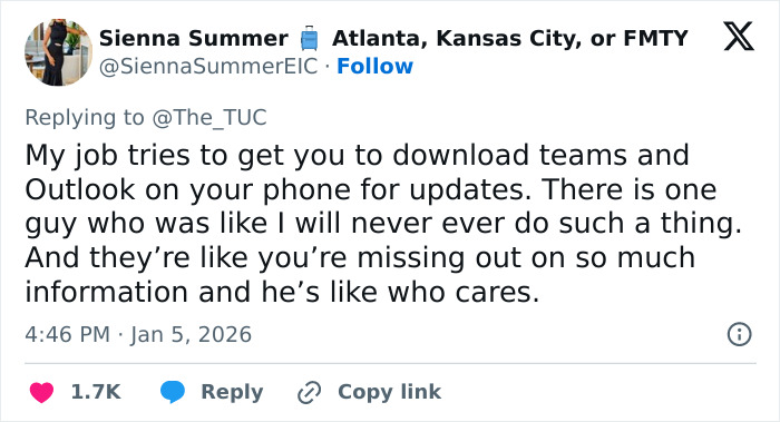 Tweet showing a worker refusing after-hours work updates, reflecting Dutch worker gives annoyed American boss a reality check.