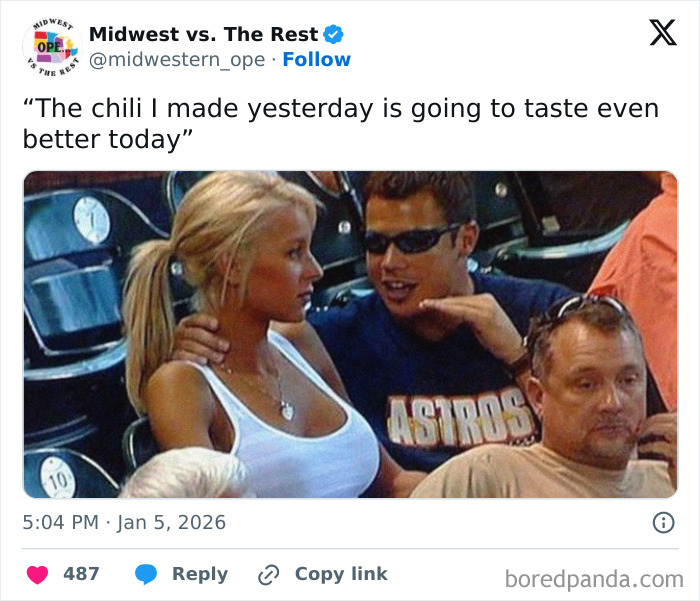 Man wearing Astros shirt and sunglasses talks to blonde woman at a stadium, showcasing spot-on memes about Midwest life and corn cravings.