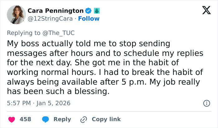 Tweet from worker explaining how boss encouraged normal hours and avoiding messages after 5PM, highlighting work-life balance benefits.