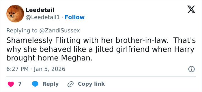 Tweet screenshot criticizing Kate Middleton, claiming she flirted with Prince Harry and acted jilted. Tweet screenshot criticizing Kate Middleton, claiming she flirted with Prince Harry and acted jilted.