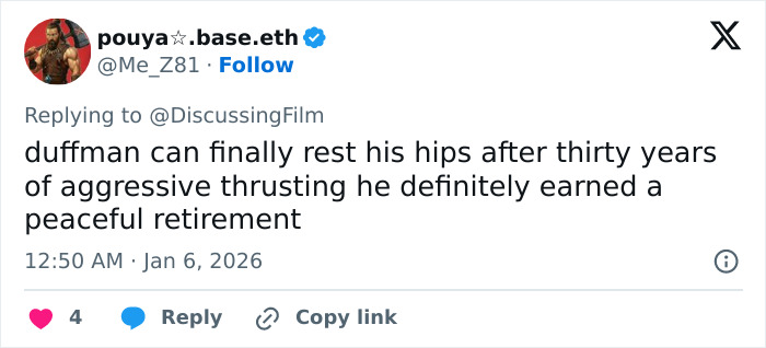 Tweet joking Duffman retiring after thirty years of thrusting, referencing Simpsons 2026 predictions