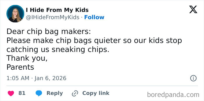 Screenshot of a humorous tweet showing unintentionally comedic moments of parenting about noisy chip bags and sneaking snacks.
