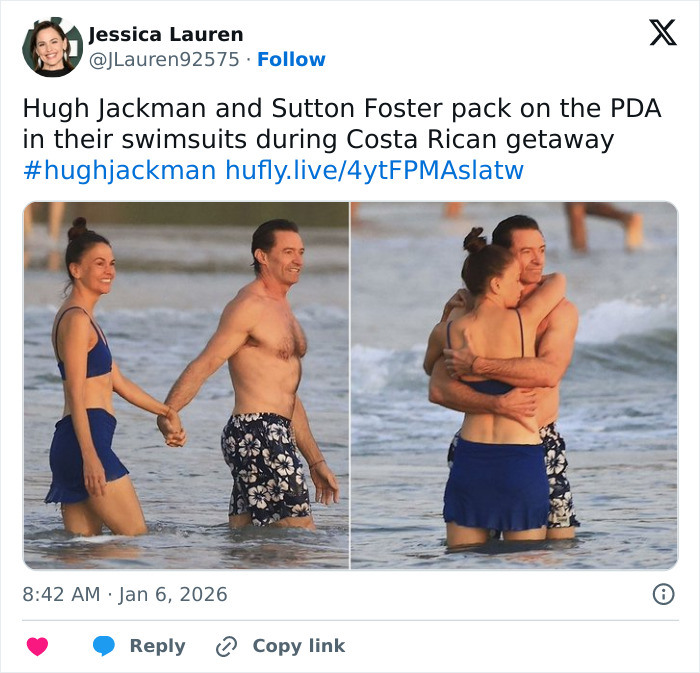 Hugh Jackman and Sutton Foster showing PDA on the beach with fans spotting 6 fingers detail in photos. Hugh Jackman and Sutton Foster showing PDA on the beach with fans spotting 6 fingers detail in photos.