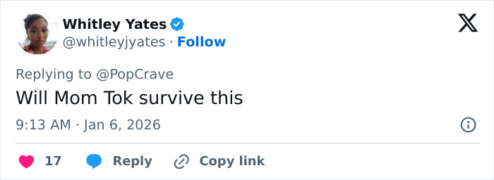 Screenshot of Whitley Yates tweet reading Will Mom Tok survive this, referencing Ashley Tisdale and celebrity mom drama.